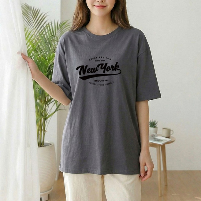 스타일아유 여성 면100% 여름용 오버핏 반팔 티셔츠 순면 빅사이즈 원작 Newyork 레터링 루즈핏 반팔티 롱티 자체제작