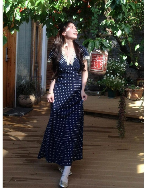 Asure 여성 여름 도트 원피스 브이넥 레이스 반팔 원피스