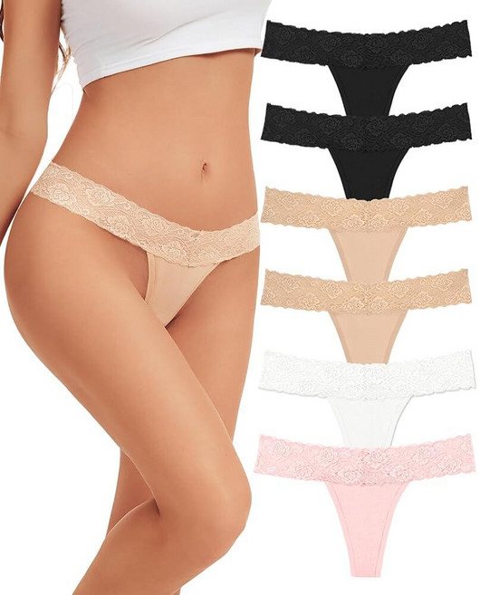 Sunm Boutique 여성용 레이스 끈팬티 면 여성용 속옷 팩 섹시 로우 라이즈 T 백 치키 팬티 6팩 - 블랙/네이비 블루/그레이/스킨 톤/핑크 벨벳/화이트 미디엄