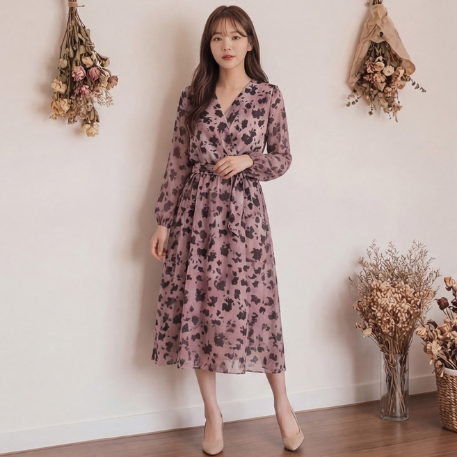D122-4 미에론 빅사이즈 여성 플라워 랩스타일 허리밴딩 롱원피스