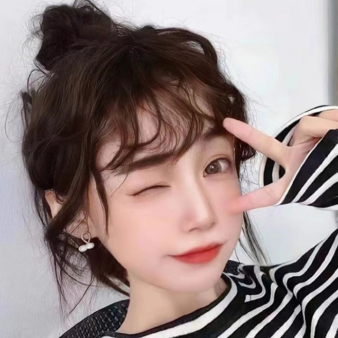 1+1 S컬 웨이브 앞머리 가발 헤어피스 베이비펌 부분가발 펌 시스루뱅 붙임머리 곱슬, 1개, 내추럴브라운+라이트브라운