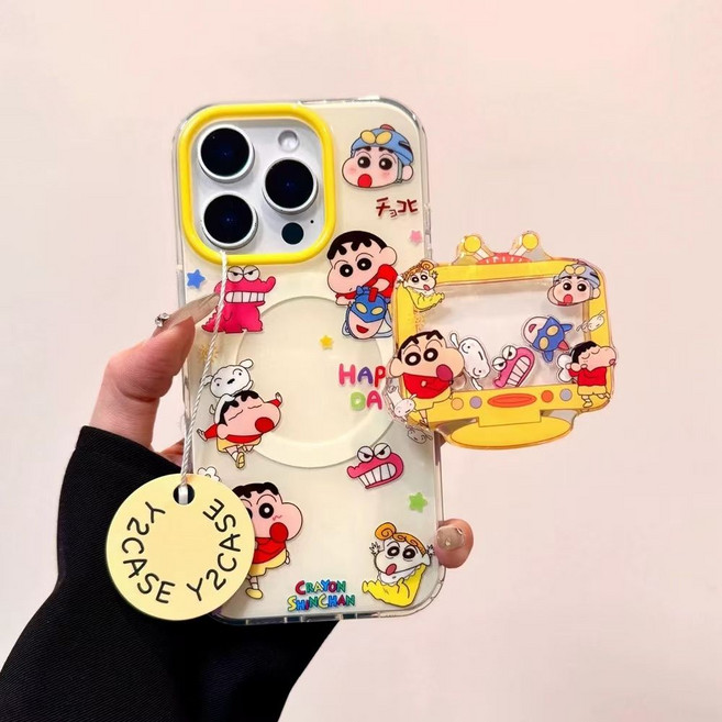 티류으스 짱구 캐릭터 흔들흔들 거치대 호환 갤럭시 S25/S24 FE/S23+/S22 핸드폰 케이스 자석형 심플 디자인, 갤럭시 S25 FE, 이중 층 자성 - 노란색 + TV 스탠드, 1개