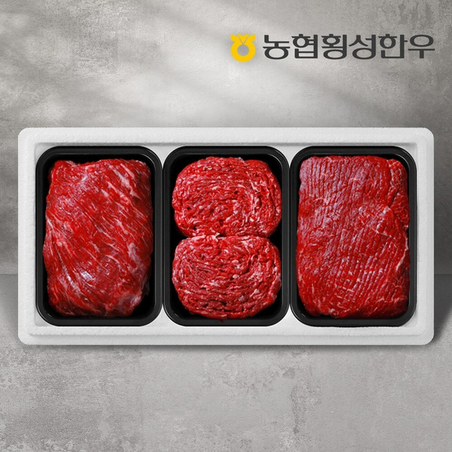 [농협횡성한우] 1등급 어사품 횡성 모듬정육세트 1호 1.2kg (국거리1팩+불고기1팩+산적1팩) /팩당400g, 1세트