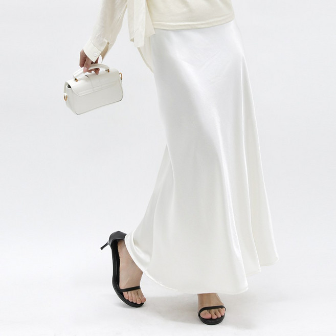 룩업 여성 내추럴 A라인 실키 새틴 플레어 허리밴딩 롱 스커트 샤이닝 펄