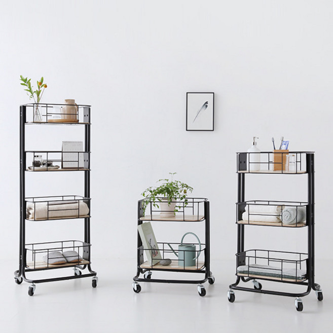 마켓비 CESNA 트롤리 카트 2단 3단 4단 철제 스틸 자작나무 이동식 바구니 선반, 2단 블랙, 1개