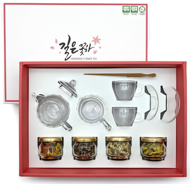 길은꽃차 유기농 꽃차 다기 선물 세트 프리미엄 (유기농 꽃차4병 + 다기세트 + 차집게 + 쇼핑백), 1개, 아카시아,목련,원추리,백리향+다기세트 + 차집게 + 쇼핑백