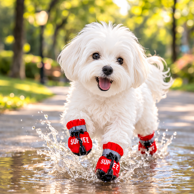 강아지 영문 프린트 신발 봄 외출용 방수 방오 소프트 바닥 미끄럼방지 탈착 방지 반려견 신발, 빨강, 1개