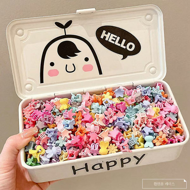 <50개+케이스> 유아 헤어집게핀 미니 머리집게핀 컬러풀 포인트 헤어삔 별토끼 꽃미키 대용량세트