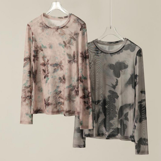 ROYALBELLE 여성 라운드넥 메쉬 시스루 잉크 프린트 얇은 소재 긴팔 티셔츠 T06022706