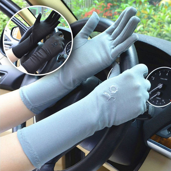 플라워 자수 3부 운전장갑 롱장갑 운전용 긴 얇은 면장갑 UV 자외선 차단, 1세트, 회색+검정
