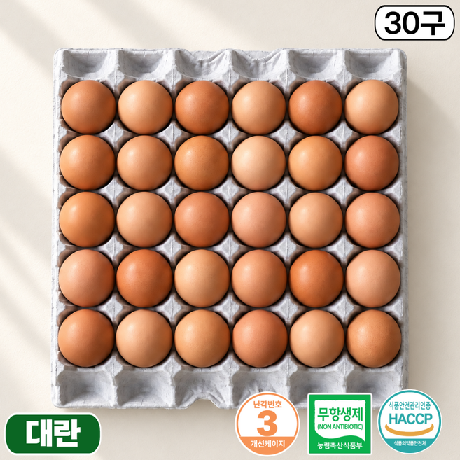 제이피농장 난각번호 3번 무항생제 계란 HACCP 신선한 대란, 1개, 30구