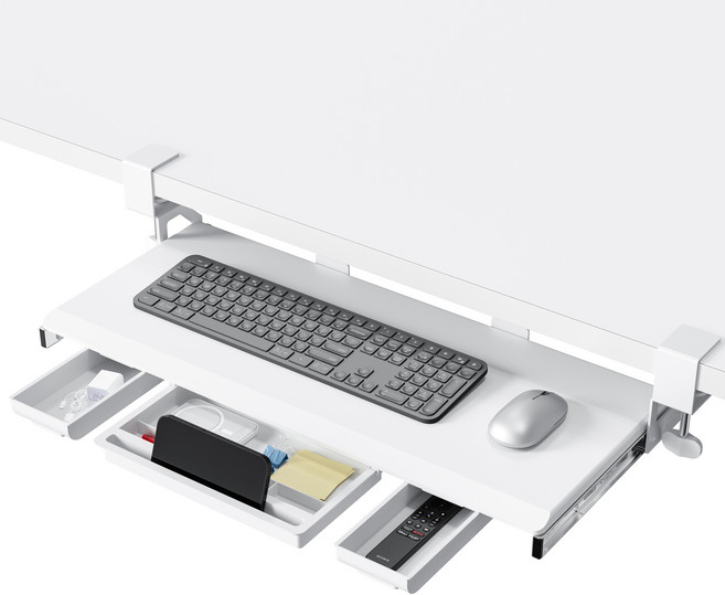 ETHU 키보드 트레이 슬라이딩 책상 연장 키보드 거치대 무타공 수납서랍 3개가 있음 확장테이블, White, 1개