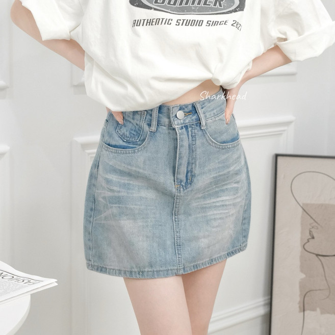 淺牛仔裙 A字 短裙 淺藍 粉皮標 高腰 單寧 褲裙 牛仔 藍 迷你裙