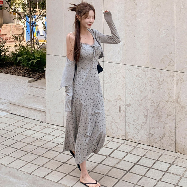 떳다그녀 소렌느 플라워 가디건 셋업 끈조절 잔꽃 리본 패턴 레이어드 카디건 나시 롱원피스 세트