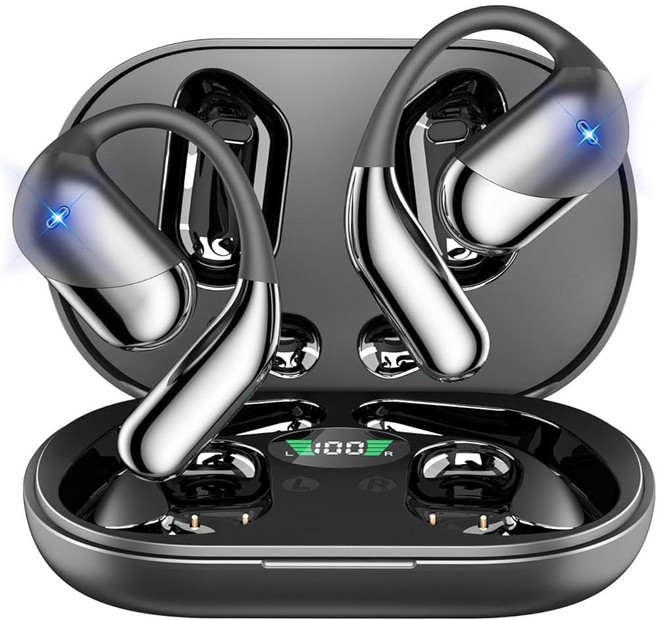 오픈 이어 클립 무선 이어버드 골전도 헤드폰 블루투스 5.4 디자인 내장 마이크 IPX7 방수 LED 디스플레이 충전 케이스 훅 이어버드 러닝 피트니스 디자인, 무선 골전도 헤드폰 블루투스 5.4 오픈 이어 디자인, 검정