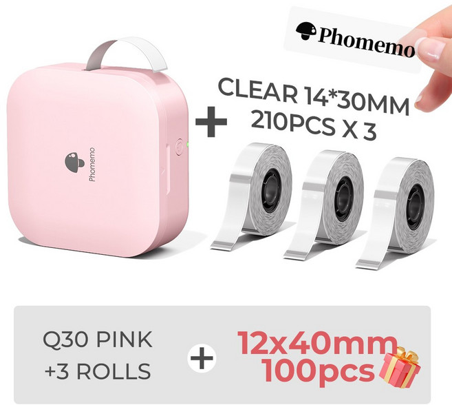 Phomemo Q30 라벨 프린터 열 메이커 P15 D110 D110M 라벨링 기계와 유사 스티커가있는 무선 블루투스, Pink-14x30mm Clear 3