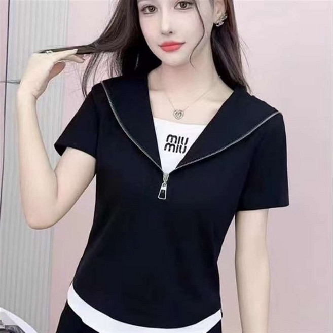 여성 여름 세일러 카라 지퍼 디테일 반팔 티셔츠 데일리 캐주얼 슬림핏 레이어드 이너 티셔츠 20대 30대 여성 데일리룩 오피스룩에 적합한 화이트 베이직 상의