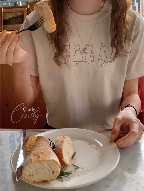 棉質線條貓咪印花短版T恤 女款