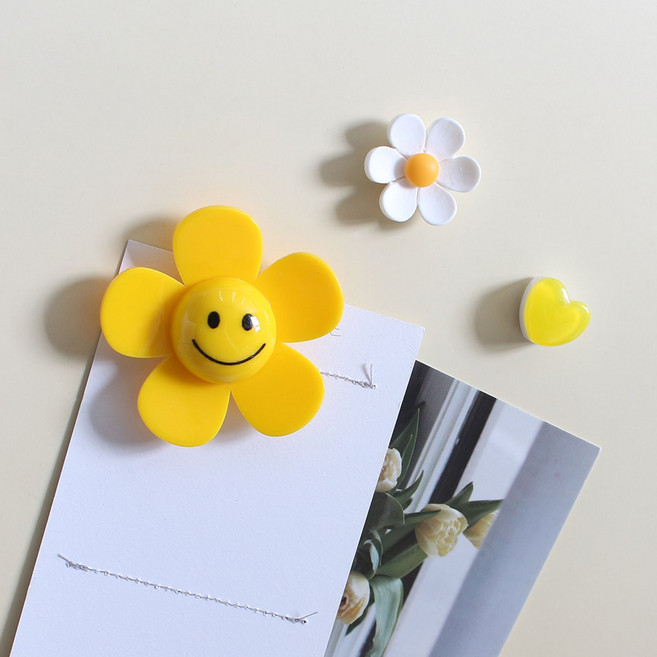 빅스마일꽃 3P set 냉장고 현관문 인테리어 사무실 자석 작지만 강력한 귀여운 마그넷, 2.옐로우 3pcs 세트 자석