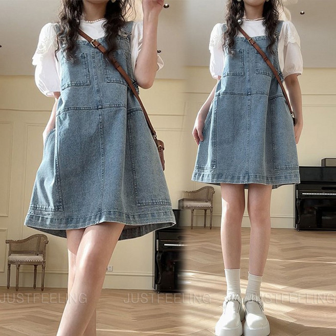 루즈핏 캐주얼 봄 여름 미디 원피스 빅사이즈 청원피스 멀티포켓 허리밴딩 조절 데님 멜빵 스커트 JUSTFEELING