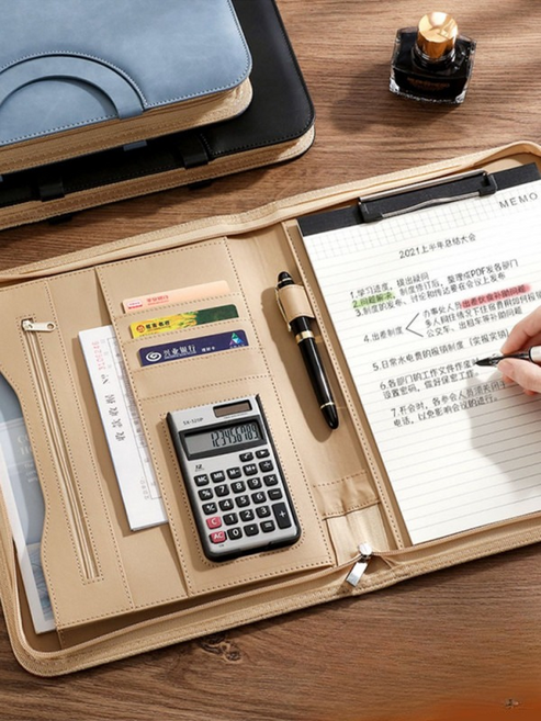 서류케이스 문서 비즈니스 보관 가방 폴더 가죽 손잡이 파일 바인더 지퍼 A4, 1개, 블랙 12자리 계산기 포함