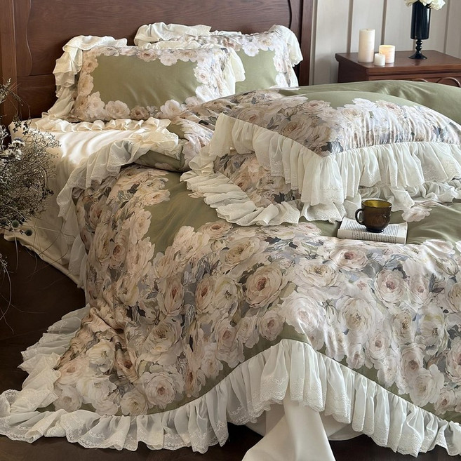 이불커버 세트 4피스 꽃자수 면 장미 유화 텐셀 솜털, 클라우드 모네 파빌리온 그린