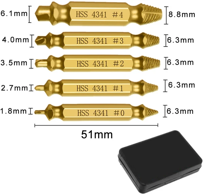 6/5/4 PCS 손상된 나사 추출기 드릴 비트 세트 벗겨진 깨진 볼트 리무버 쉽게 철거 도구 꺼내기 AA, 01 5pcs Gold
