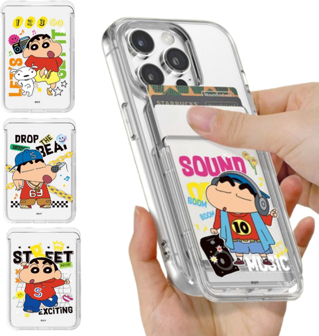 갤럭시엑스커버5 짱구 흰둥이 힙스터 투명 맥세이프 슬라이드 카드지갑+투명케이스