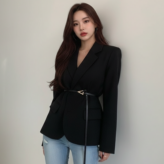 [에이진] 심플 트렌디 벨트 믹스 블레이저 자켓 (2colors)