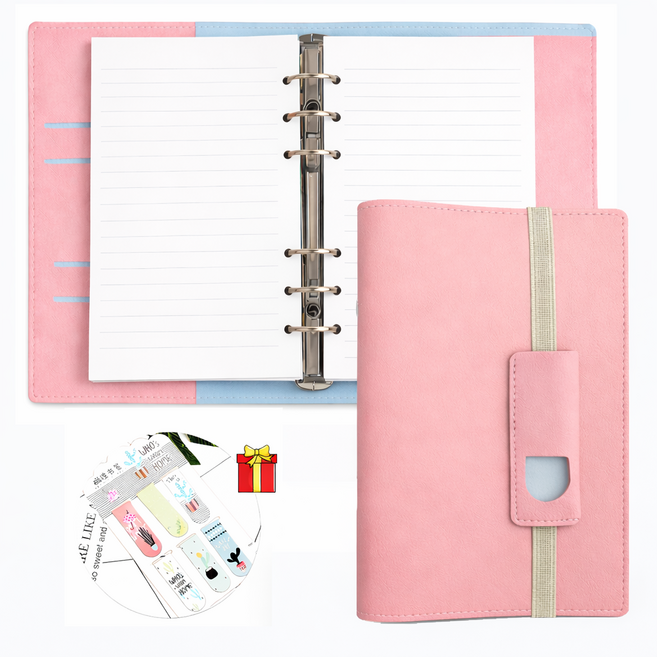 Clevoria A6 가죽 6공 다이어리 업무용 바인더 노트 휴대용 플래너 속지 교체형, 1개, 핑크