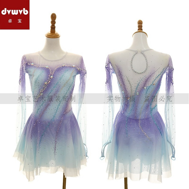 피겨 스케이팅 드레스 스포츠 성인 피겨 의상 주니어 대회복 화려한, 01.청자색 그라데이션, 한 사이즈