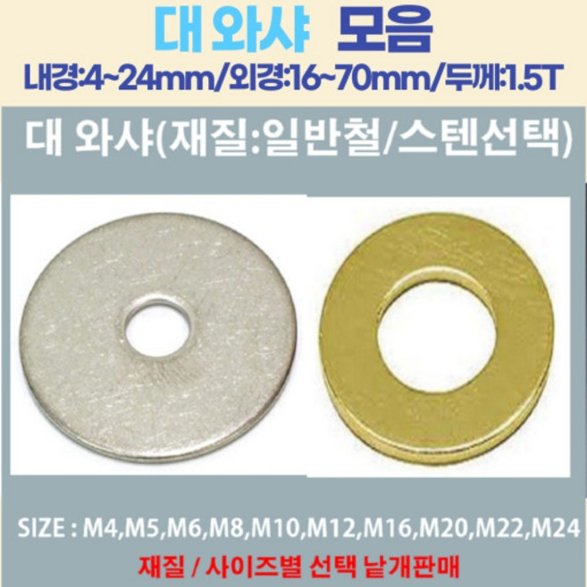스테대와샤 철 대와샤 모음 볼트편의점, 스텐 대와샤, 스텐 대와샤/M8-22mm(내-외경), 1개