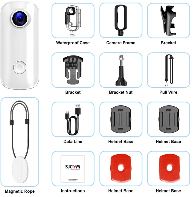 SJCAM C100 Plus 액션 카메라 4K EIS 사이클링 모니터링 장치 30M 방수 2.4G WiFi 스포츠 캠 자전거 헬멧, 03 White with Rope