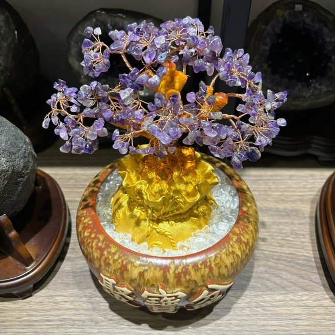 Sweet Heart 田芯精品 紫水晶 樹 聚寶盆組合 含圖中碎石 加贈 琉璃元寶2.5公分 6顆 含中底座 優惠組合