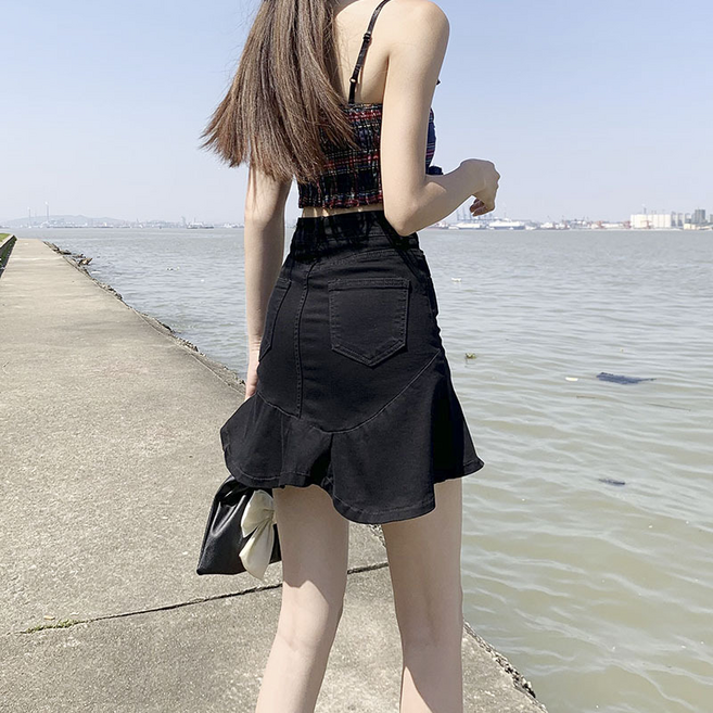 GUEFOON 高腰牛仔半身裙女夏季薄款 短裙a字包臀魚尾裙子黑色潮