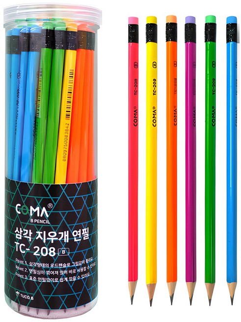 투코비 코마 삼각 지우개 연필 B TC-208 48본입, 혼합색상, 1세트