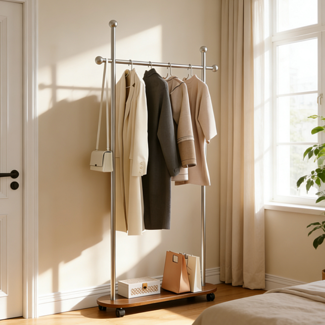 이동식 스탠드 옷걸이 행거 튼튼한 철제 옷걸이 거실 현관 옷건조대 발코니 드레스룸 침실 철제 행거 800x300x1750, 호두 + 실버