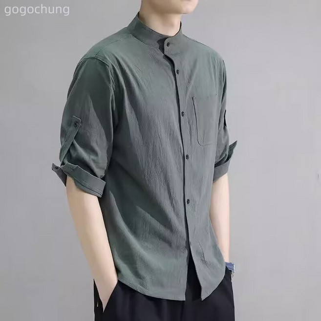 夏季薄款棉麻短袖襯衫男立領潮牌亞麻日系復古百搭港風七分袖襯衣