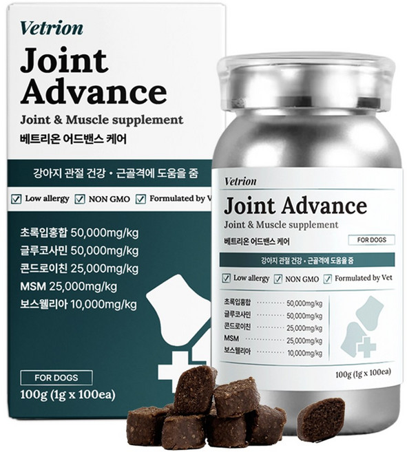 베트리온 조인트 어드밴스 강아지 관절 영양제 슬개골 탈구 노령견 초록입홍합 글루코사민 MSM, 1개, 뼈/관절강화, 100정