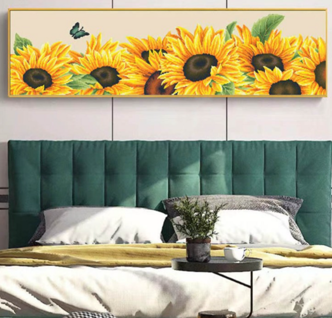 해바라기 실십자수 꽃 긴 만개 만복 프린트 도안 패키지, 150x45cm4가닥자수면사, 1개