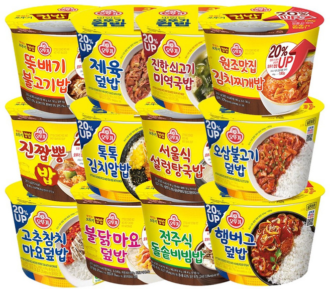 오뚜기컵밥 12종 고추참치마요덮밥+진짬뽕밥+뚝배기불고기밥+불닭마요덮밥+톡톡김치알밥+제육덮밥+전주식돌솥비빔밥+서울식설렁탕국밥+진한쇠고기미역국밥+햄버그덮밥+오삼불고기덮밥+원조맛집김치찌, 1개