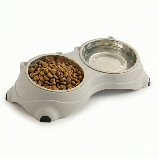 PAWLY 구토방지 15도 경사형 강아지 고양이 2구 스텐 식기 미끄럼방지 밥그릇, 1개, 라이트 그레이