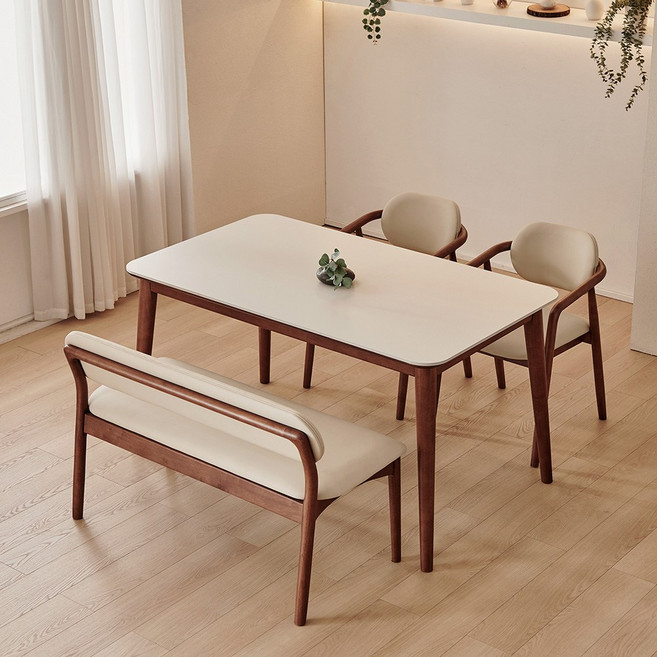 동서가구 로사 4인용 원목 세라믹 식탁 세트 1400 (의자2+2인 벤치1) DF927586, 상판 베이지 / 식탁 월넛, 일반 2 + 벤치 1