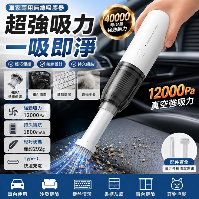 手持便攜式吸塵器 超強吸力 12000Pa 輕巧無線設計 Type-C 充電, 時尚白, CH1050515
