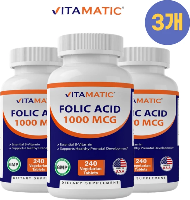Vitamatic Folic Acid 비타매틱 엽산 1000mcg 240베지테리언 타블렛 3팩, 3개, 240정 - 쿠팡