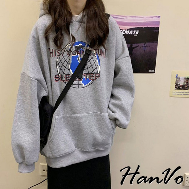 HanVo 世界地球印花寬鬆帽T 保暖鋪毛休閒百搭 韓系女裝, 灰色
