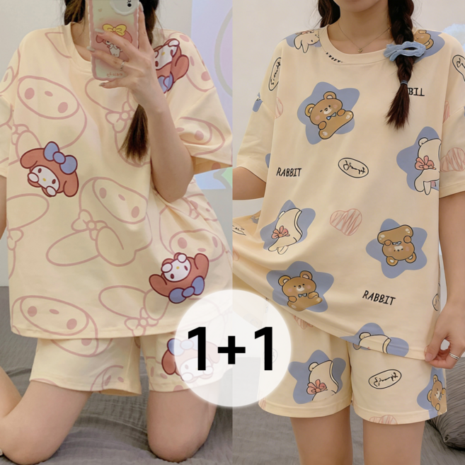 ORVIA 1+1 여성 여름 잠옷 귀여운 동물 패턴 반팔 반바지 파자마 홈웨어 상하세트