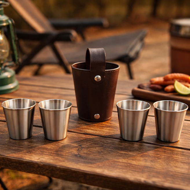 캠핑 소주컵 세트 4p + 가죽 케이스, 1세트