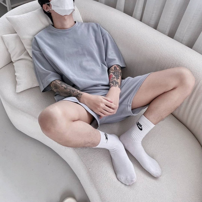 【OPB】重磅太空棉套裝 情侶款 8色 男女皆可 居家外出必備, 灰藍色 (套裝),M, 1個
