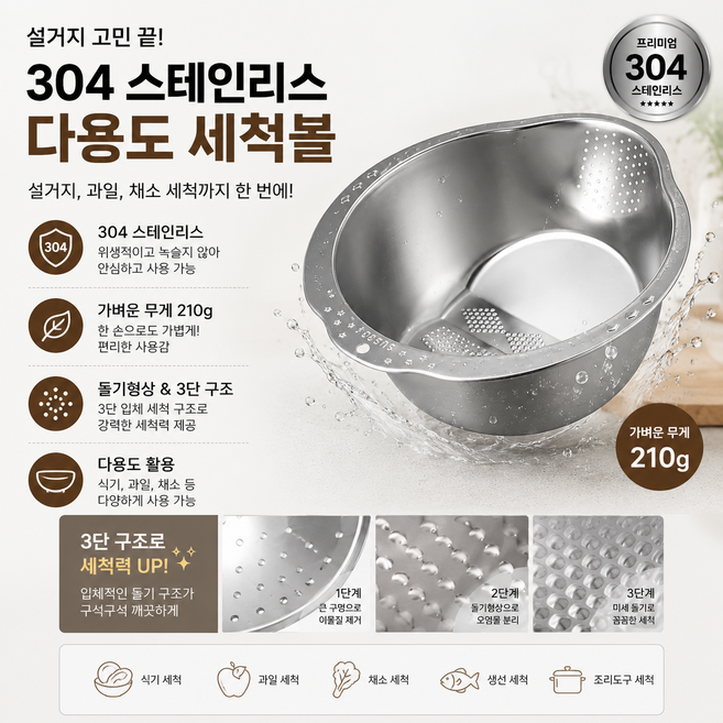 쌀세척볼 스텐304 스테인레스 믹싱볼 바가지 옵티홈(Optihome), 1개, 단일